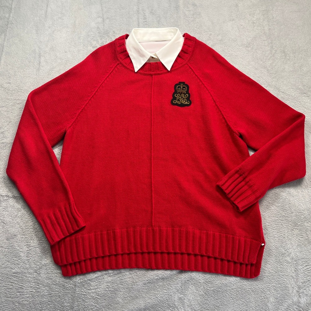 Lauren Ralph Lauren Sweater Womens Red Layered Look Crest Patch Raglan XL